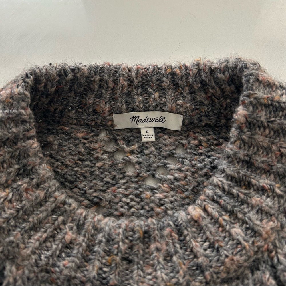 Madewell Marled Gray Pointelle Sweater Balloon Sleeve Knit Pullover Size S - Picture 12 of 14